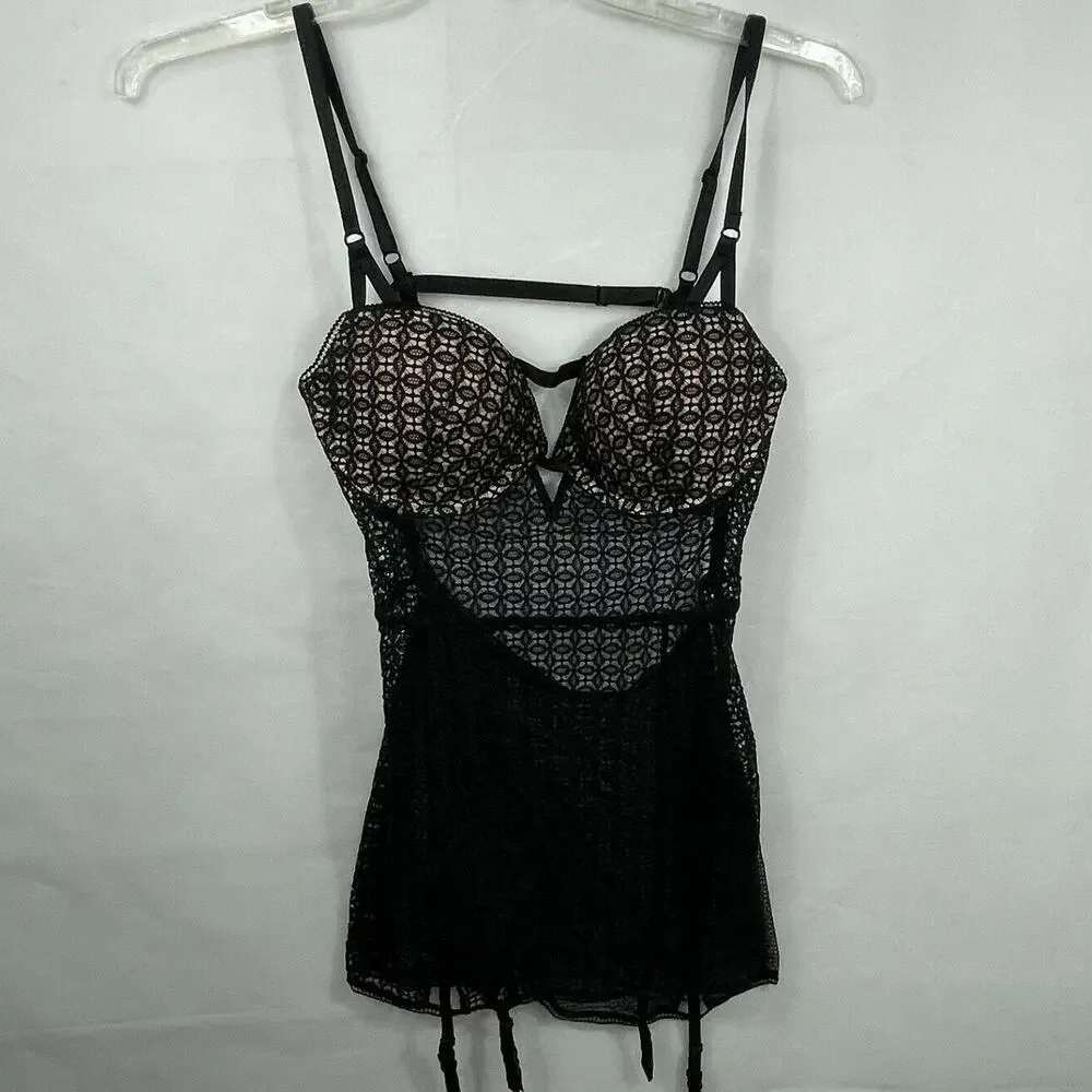 Victoria Secret women's lace bustier 36C slip lingerie garter dress nightwear
